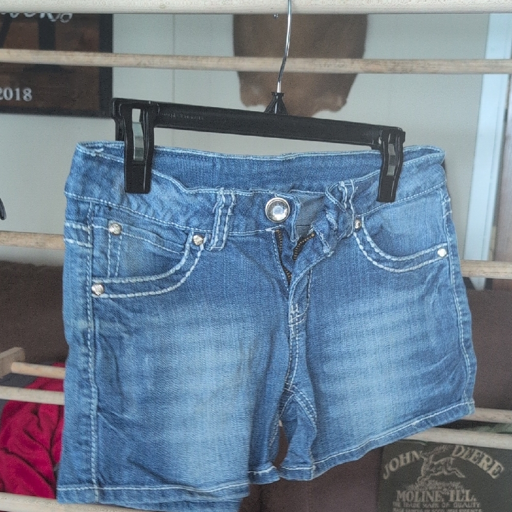 Blue Jean Shorts with Contrast Stitching and Distressed Look